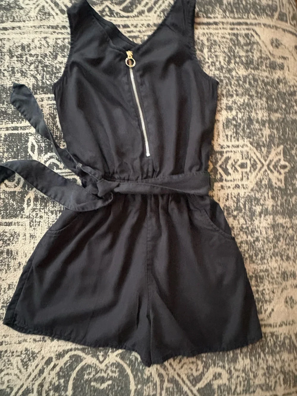 Justice Black Sleeveless Zip-Front Romper with Tie Waist